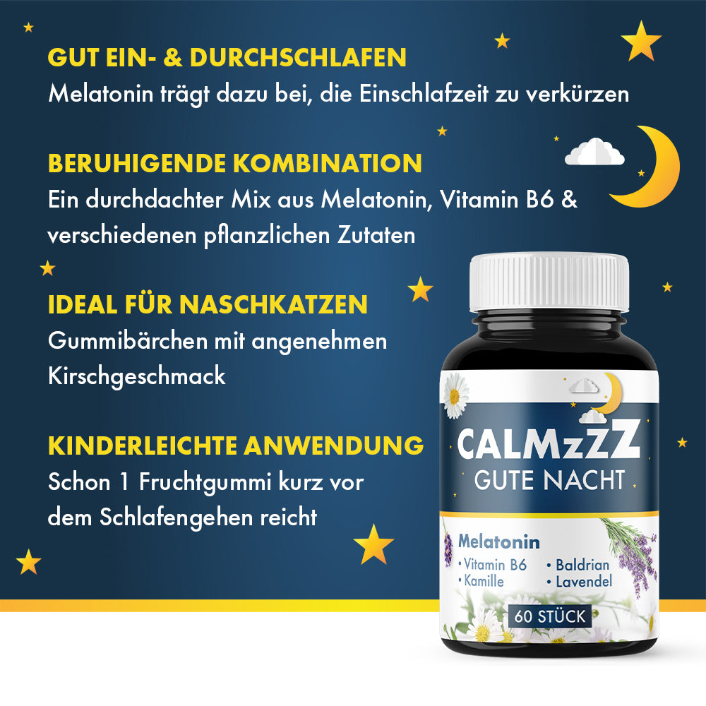 CALMzZZ Gute Nacht Gummibärchen mit Melatonin, Kirschgeschmack, pflanzlichen Zutaten, 60 Stück
