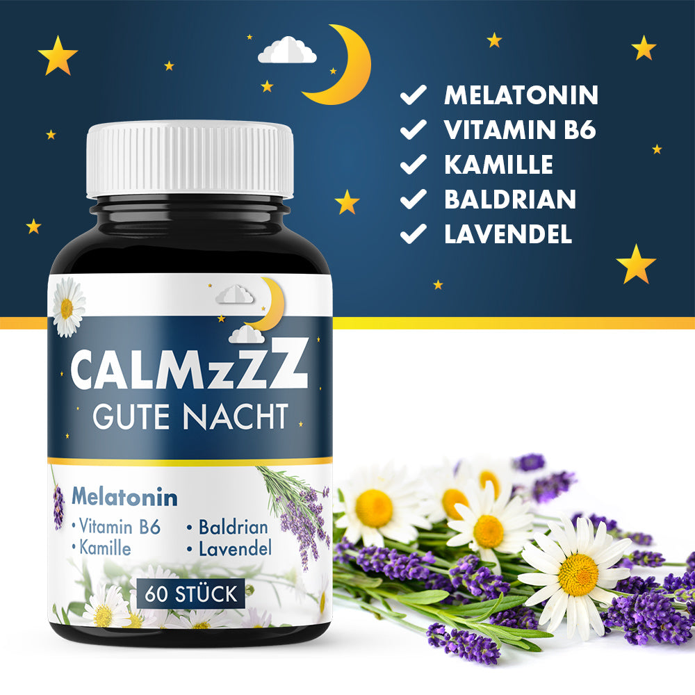 Dose „CALMzZZ Gute Nacht“ mit Melatonin, Vitamin B6, Kamille, Baldrian, Lavendel und 60 Stück