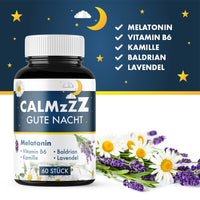 Thumbnail for Dose „CALMzZZ Gute Nacht“ mit Melatonin, Vitamin B6, Kamille, Baldrian, Lavendel und 60 Stück