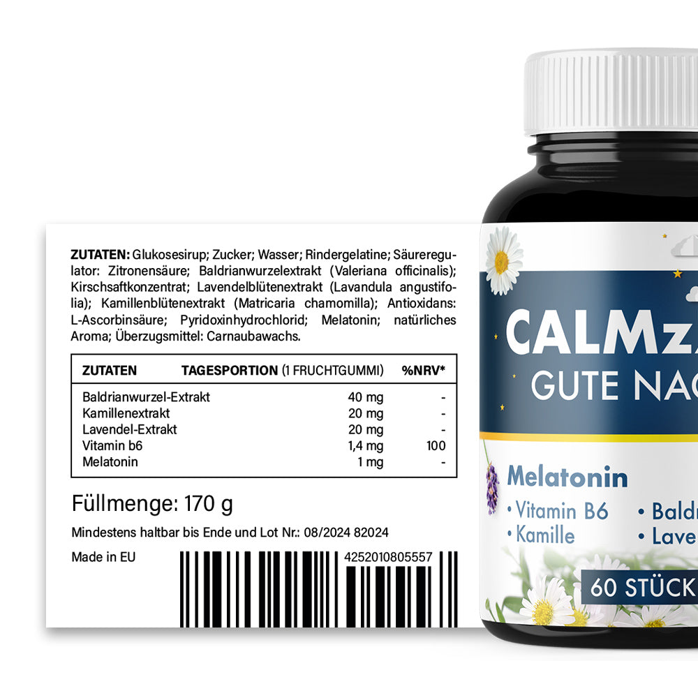 Etikett von CALMzZZ Gute Nacht mit Nährwerttabelle, Barcode und Angabe zur Füllmenge 170 g