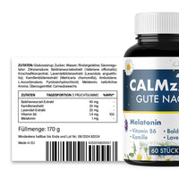 Thumbnail for Etikett von CALMzZZ Gute Nacht mit Nährwerttabelle, Barcode und Angabe zur Füllmenge 170 g