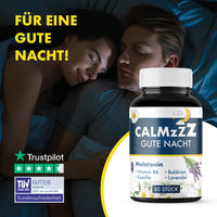 Thumbnail for Paar schläft, daneben Produkt „CALMzZZ Gute Nacht“ mit Melatonin, Kamille, Lavendel, 60 Stück