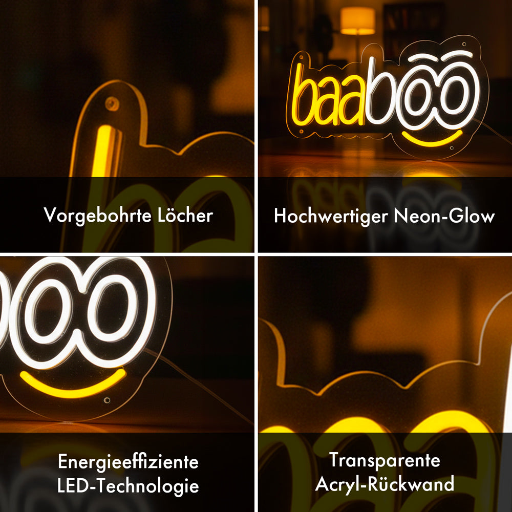 Vier Detailansichten eines baaboo Neonlogos mit LED-Licht, Acrylrückwand und Montagebohrungen