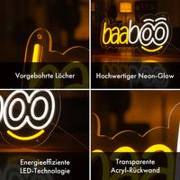 Thumbnail for Vier Detailansichten eines baaboo Neonlogos mit LED-Licht, Acrylrückwand und Montagebohrungen