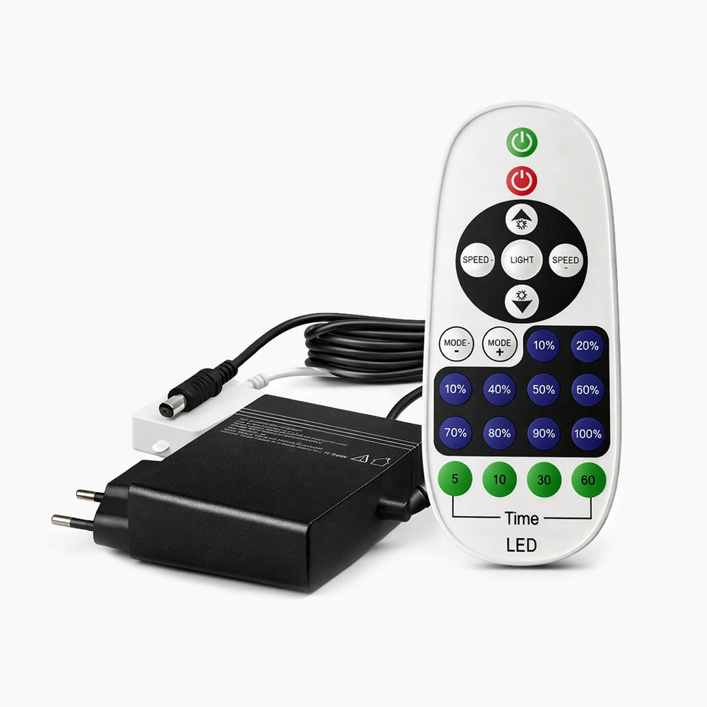 LED Controller mit Fernbedienung, Netzteil und Kabel zur Steuerung von Licht, Helligkeit und Timer