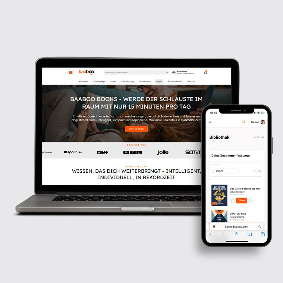 baaboo Books Webseite auf Laptop und Smartphone mit Angeboten zu 15-Minuten Buchzusammenfassungen