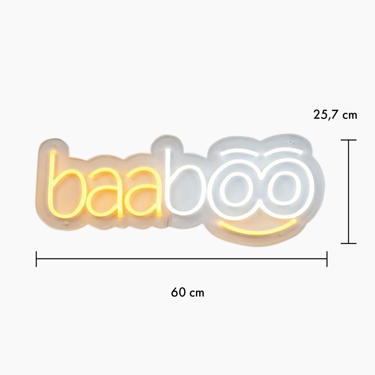 Orange weiß beleuchtetes Baaboo Neonschild mit Maßen von 60 cm Breite und 25,7 cm Höhe