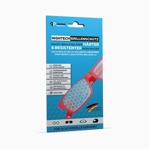 Blaue Verpackung mit Schrift Hightech Brillenschutz und roter Brille mit Wabenmuster