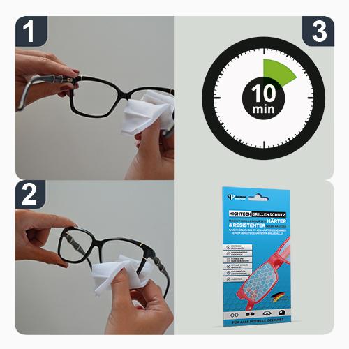 Anwendungsschritte mit Brille, Tuch und Verpackung Hightech Brillenschutz mit Uhrsymbol 10 Min