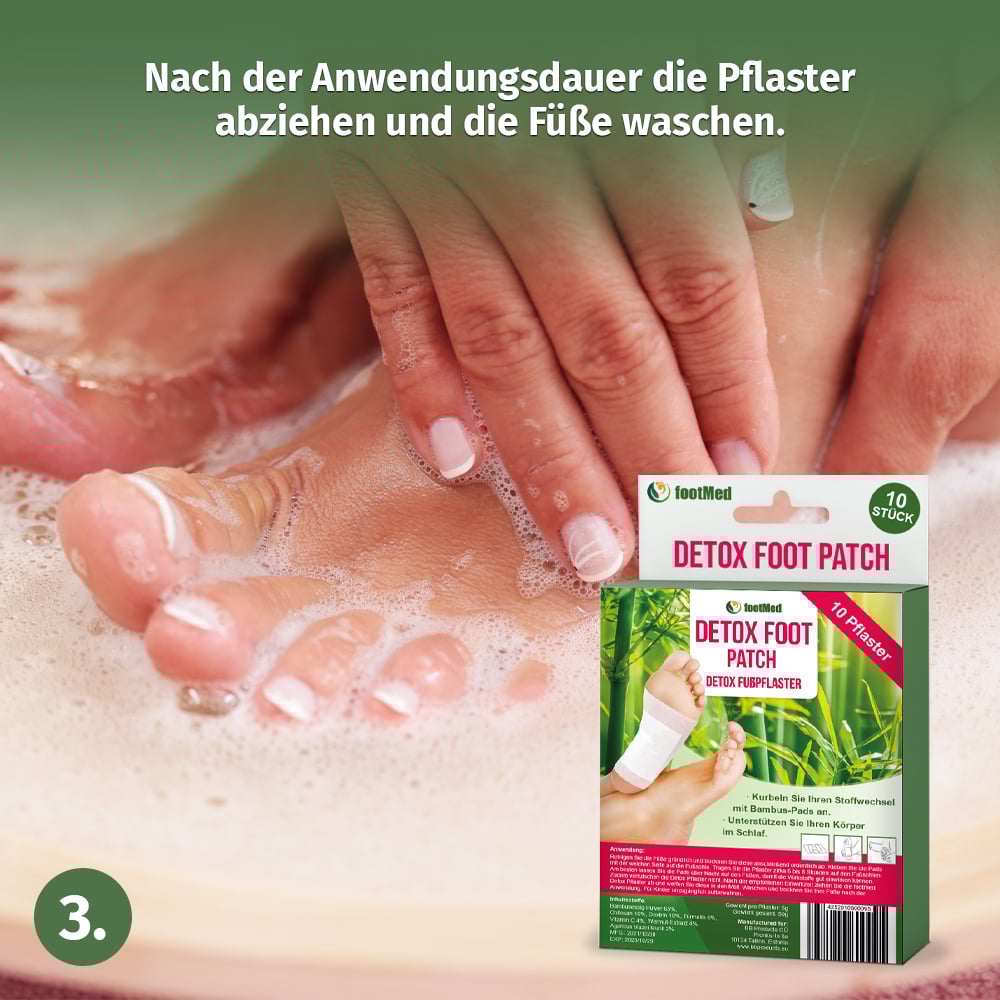 Hände reinigen Füße in seifigem Wasser, rechts unten Verpackung footMed Detox Foot Patch mit 10 Stück