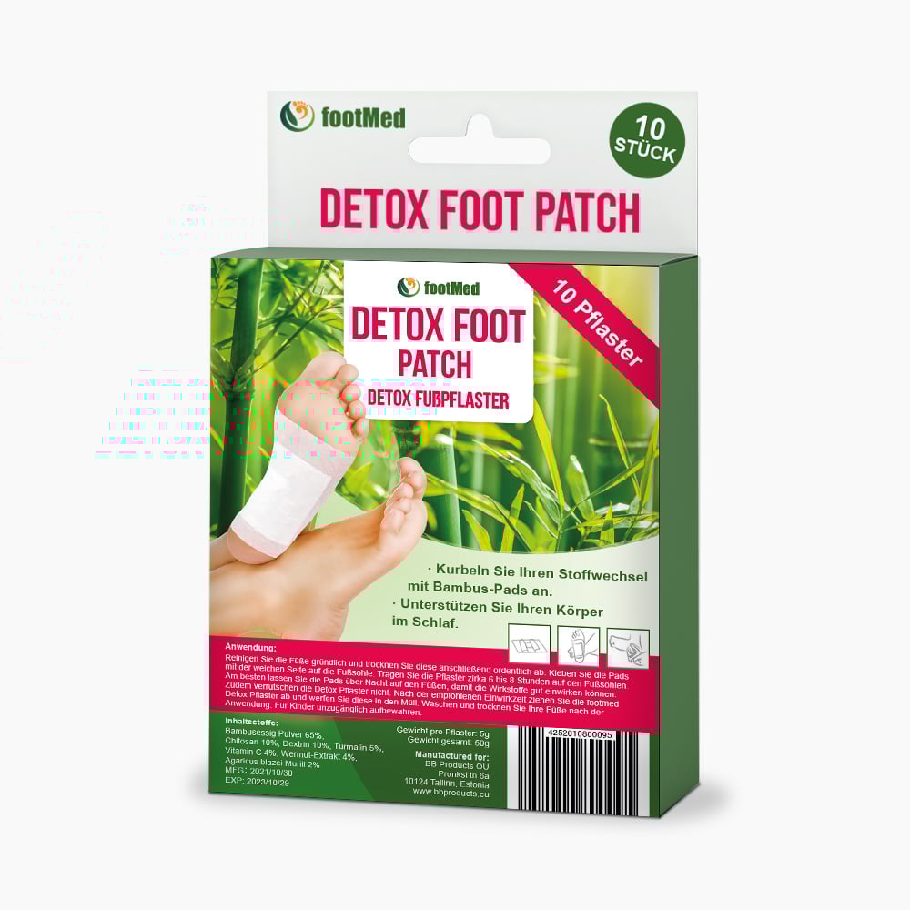 Grüne Packung mit Aufschrift Detox Fußpflaster, Abbildung eines beklebten Fußes, 10 Pflaster