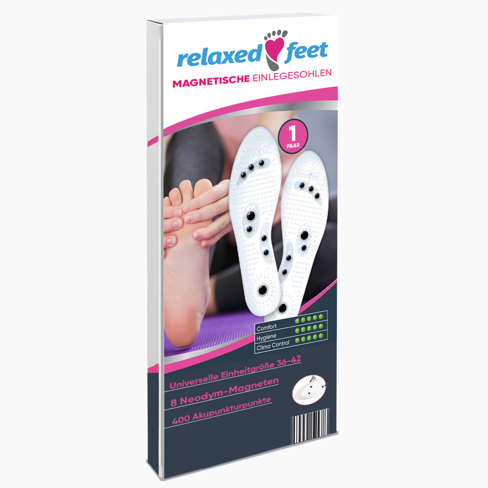 Verpackung mit Schrift relaxed feet, Abbildung weißer Einlegesohlen mit schwarzen Magnetpunkten, 1 Paar