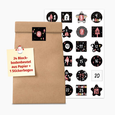 Adventskalender zum Befüllen - 24 Papiertüten & Sticker in 4 unterschiedlichen Designs