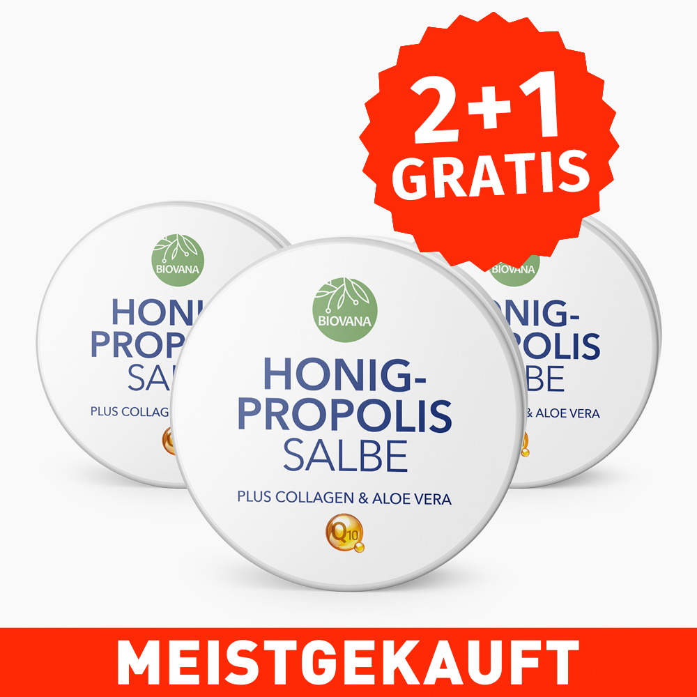 BIOVANA Honig-Propolissalbe Plus Collagen & Aloe Vera 2+1 GRATIS - Auch für Augen- & Mundpartie geeignet