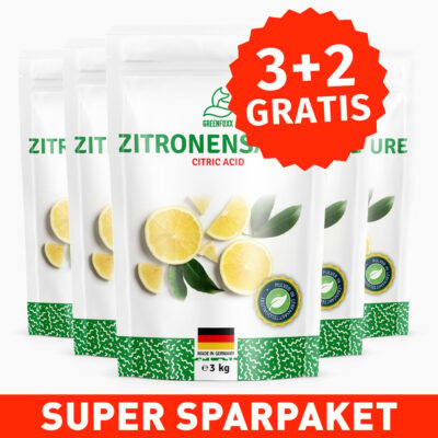 GREENFOXX Zitronensäure (3 kg) 3+2 GRATIS - Auch als Reinigungsmittel und zum Entkalken verwendbar